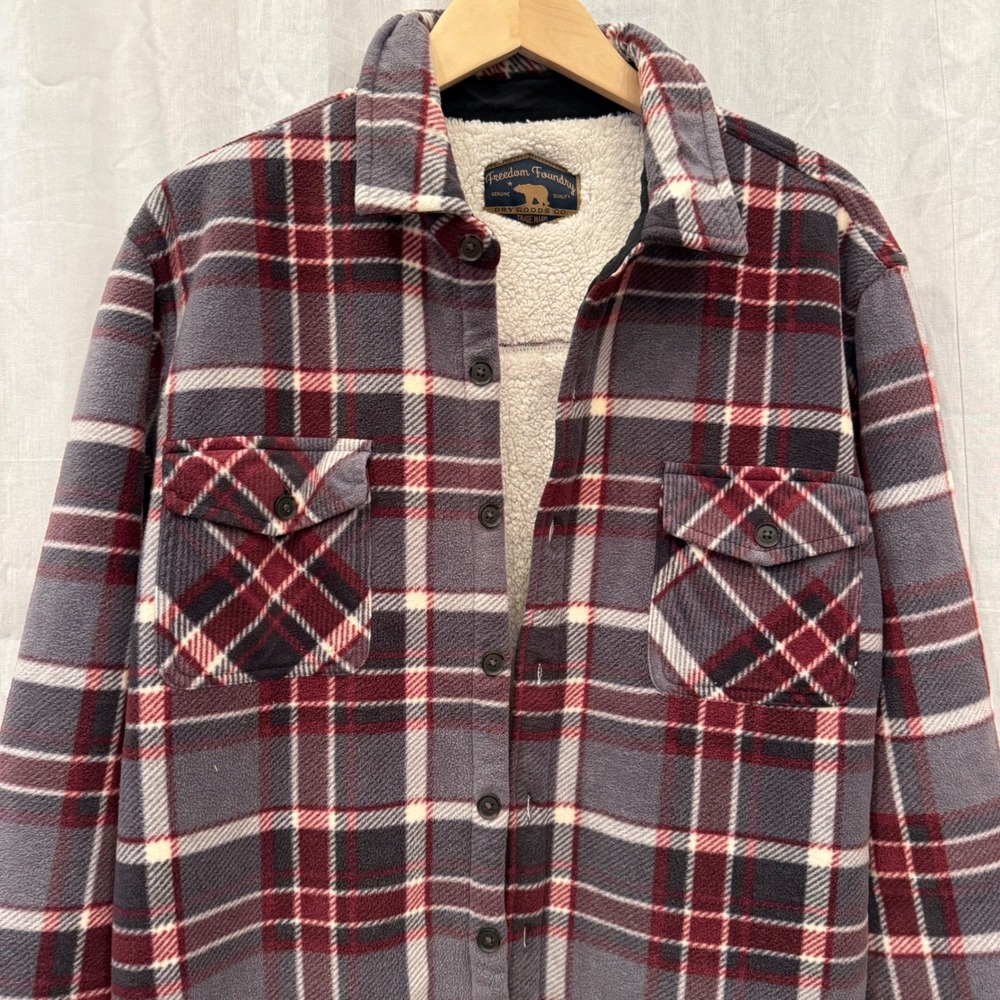 Freedom Foundry Mens Sherpa Lined Fleece Flannel Shirt Jacket Grey Plaid XL - Picture 3 of 5